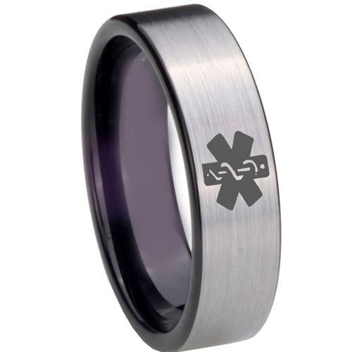 Silver Rings Black Silver White Tungsten Carbide Medic Alert Flat Ring