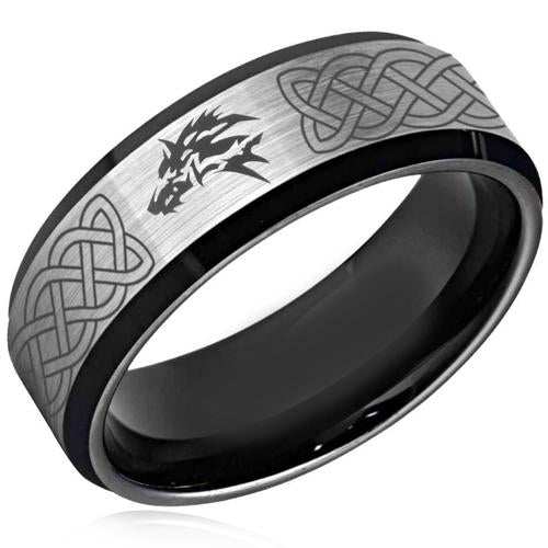 Silver Ring For Men Black Silver White Tungsten Carbide Wolf Celtic Ring