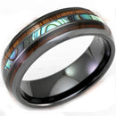 Wooden Rings Black Tungsten Carbide Abalone Shell and Koa Wood Dome Ring