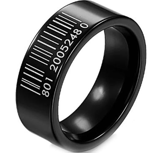 Black Ring Black Tungsten Carbide Barcode Pipe Cut Flat Ring