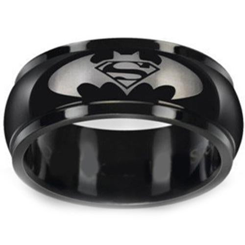 Batman Ring Black Tungsten Carbide Batman and Superman Step Ring