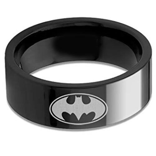 Batman Ring Black Tungsten Carbide Batman Pipe Cut Flat Ring