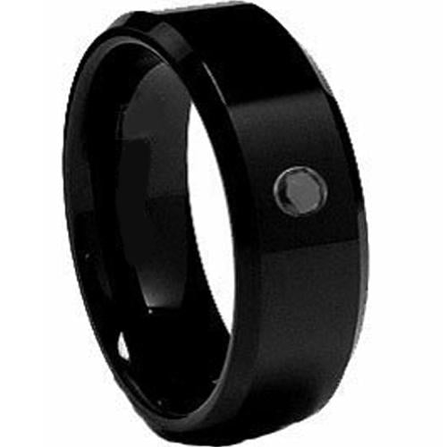 Black Diamond Ring Black Tungsten Carbide Ring With 0.04ct Genuine Black Diamond