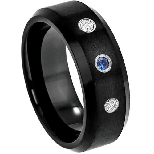 Black Diamond Ring Black Tungsten Carbide With 0.04ct Genuine White Diamond & Blue Sapphire