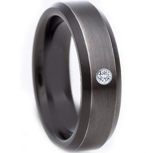 Black Diamond Ring Black Tungsten Carbide Ring With 0.04ct Genuine White Diamond
