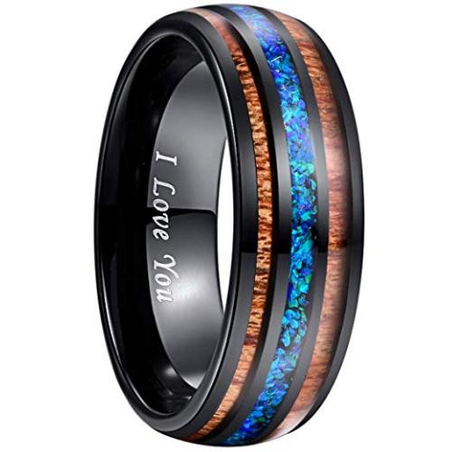 Wooden Rings Black Tungsten Carbide Blue Opal and Wood Dome Ring