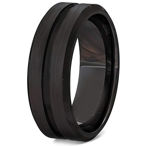 Black Ring Black Tungsten Carbide Center Groove Beveled Edges Ring