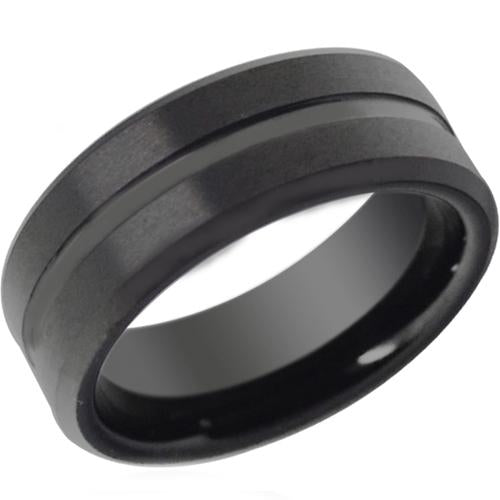 Black Rings For Men Black Tungsten Carbide Center Groove Flat Ring