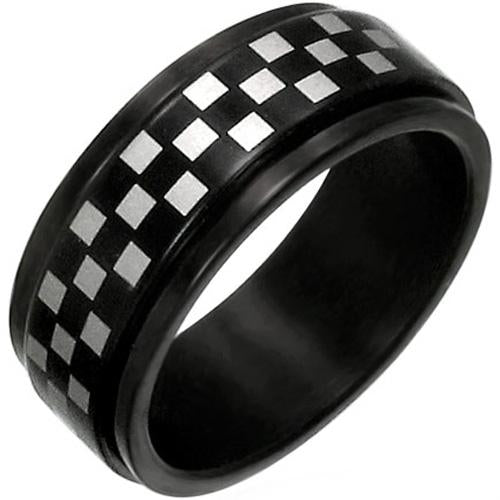 Black Ring Black Tungsten Carbide Checkered Flag Step Edges Ring