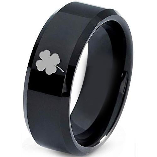 Black Tungsten Rings Black Tungsten Carbide Clover Beveled Edges Ring