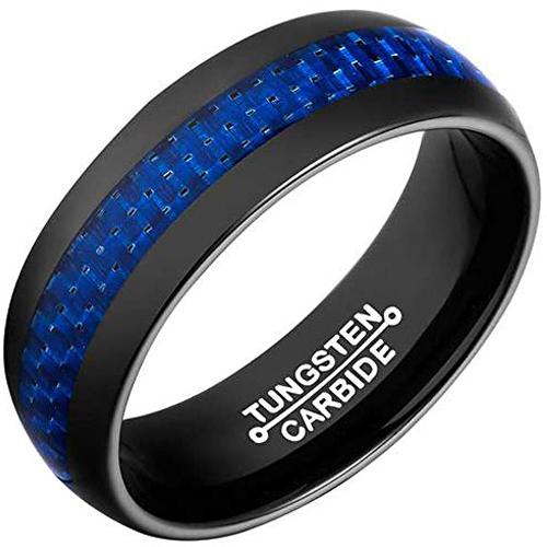 Tungsten Carbide Rings Black Tungsten Carbide Dome Ring With Blue Carbon Fiber