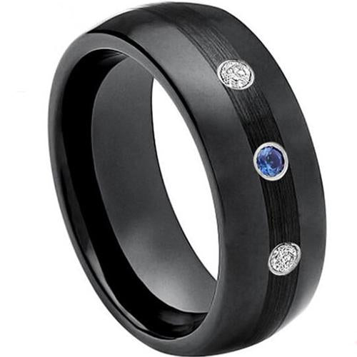 Black Band Ring Tungsten Carbide Dome with Genuine Diamond & Blue Sapphire