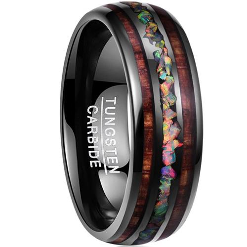 Wooden Rings Black Tungsten Carbide Dome Ring With Wood and Opal