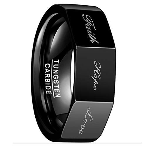 Black Ring Black Tungsten Carbide Faith Hope Love Polished Shiny Ring