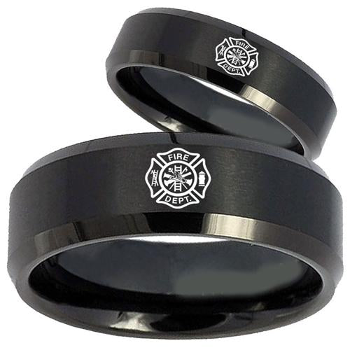 Men's Tungsten Wedding Rings Black Tungsten Carbide Fire Fighter Ring