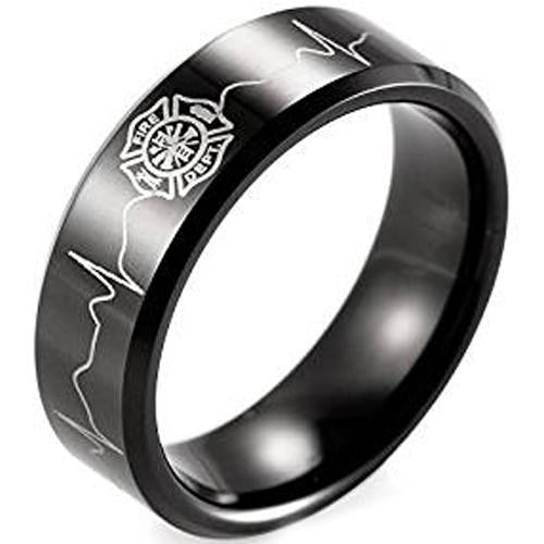 Tungsten Wedding Ring Black Tungsten Carbide Fire Fighter Heartbeat Ring