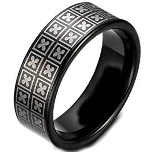 Black Rings For Men Black Tungsten Carbide Four Leaf Clover Flat Ring