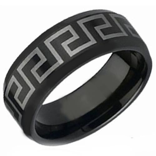 Black Rings For Men Black Tungsten Carbide Greek Key Great Wall Pattern Ring