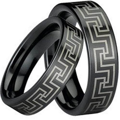 Black Wedding Rings For Men Black Tungsten Carbide Greek Key Great Wall Pattern Flat Ring