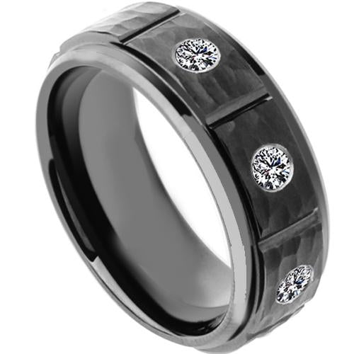 Tungsten Carbide Men's Rings Black Tungsten Carbide Hammered Center Step With Cubic Zirconia