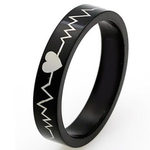 Black Promise Rings Black Tungsten Carbide Heartbeat and Heart Flat Ring