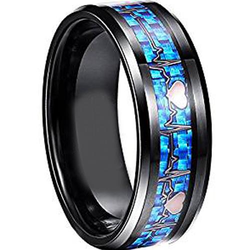 Black Wedding Rings Black Tungsten Carbide Heartbeat Ring With Blue Carbon Fiber