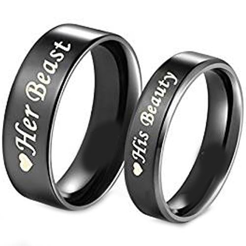 Black Wedding Rings For Men Black Tungsten Carbide Her Beast His Beauty Flat Ring