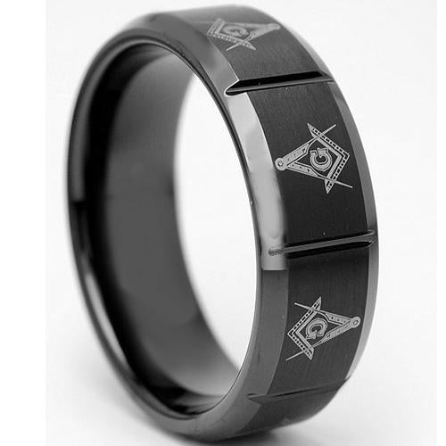 Black Engagement Rings Black Tungsten Carbide Horizontal Grooves  Masonic Ring
