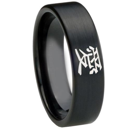 Black Tungsten Rings Black Tungsten Carbide Kanji Love Flat Ring