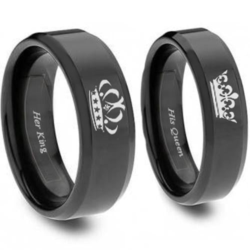 Men's Tungsten Wedding Rings Black Tungsten Carbide King Queen Crown Ring