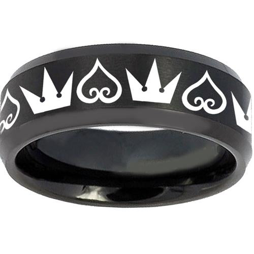 Black Engagement Rings For Her Black Tungsten Carbide Kingdom and Heart Ring