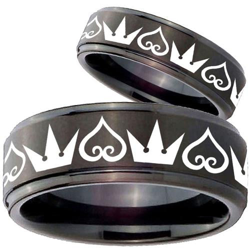 Black Engagement Rings For Her Black Tungsten Carbide Kingdom and Heart Ring