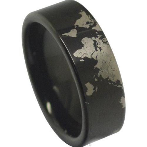 Black Rings For Men Black Tungsten Carbide Map Pipe Cut Flat Ring