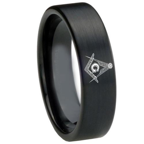 Black Rings For Women Black Tungsten Carbide Masonic Freemason Flat Ring