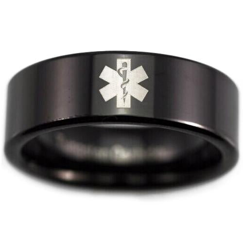 Tungsten Wedding Ring Black Tungsten Carbide Medic Alert Flat Ring
