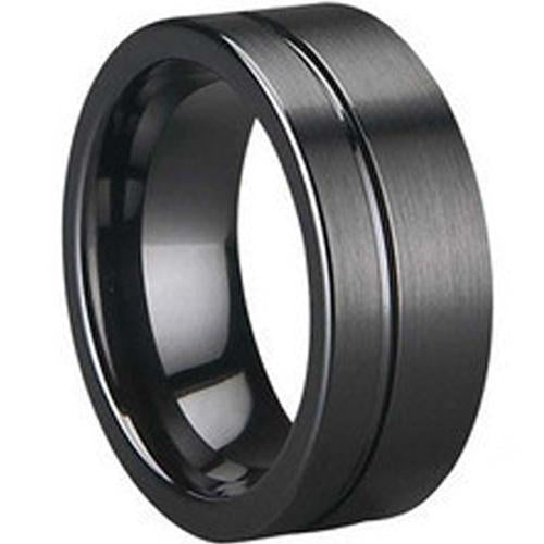 Black Ring Black Tungsten Carbide Offset Groove Matt Shiny Flat Ring