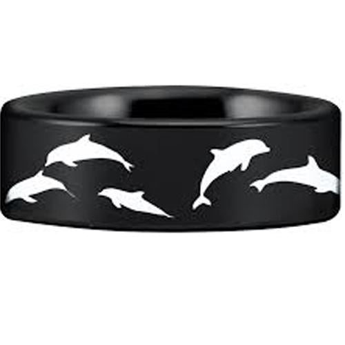 Black Rings For Men Black Tungsten Carbide Pipe Cut Flat Dolphin Ring