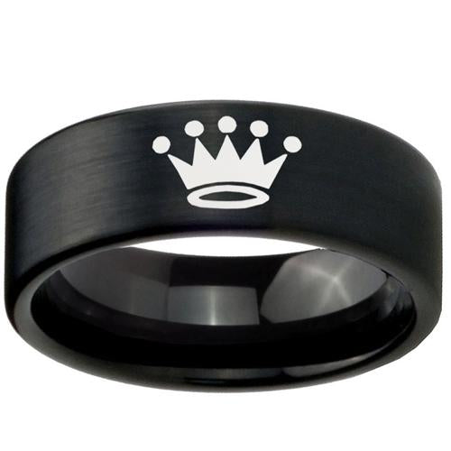 Black Engagement Rings For Her Black Tungsten Carbide Pipe Cut Flat King Crown Ring