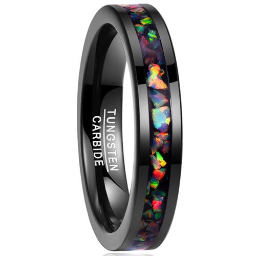 Opal Engagement Ring Black Tungsten Carbide Pipe Cut Flat Opal Ring