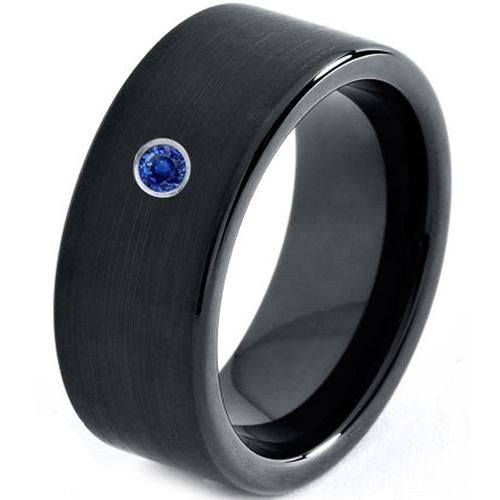 Black Band Ring Tungsten Carbide Flat Ring With Created Blue Sapphire