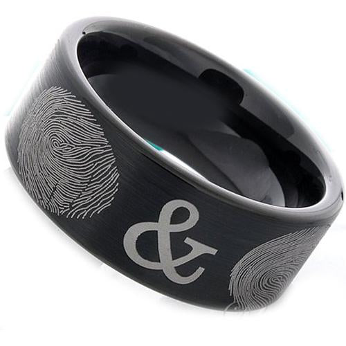 Black Rings For Men Black Tungsten Carbide Flat Ring With Custom Fingerprint Engraving