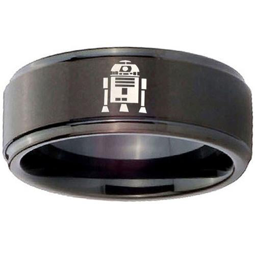 Tungsten Rings For Women Black Tungsten Carbide R2D2 Step Edges Ring