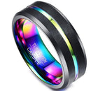 Black Wedding Rings For Her Black Tungsten Carbide Rainbow Pride Center Groove Ring