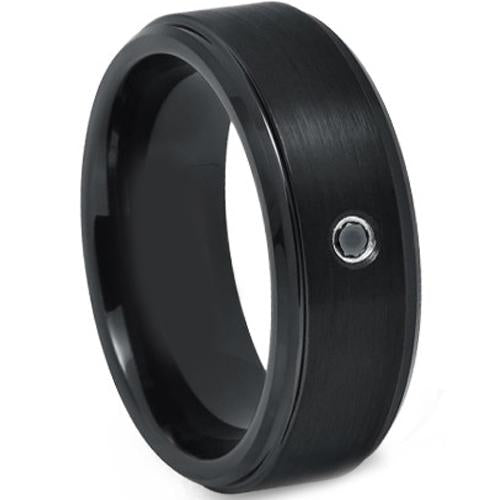 Black Diamond Ring Black Tungsten Carbide Step Ring With 0.04ct Genuine Black Diamond