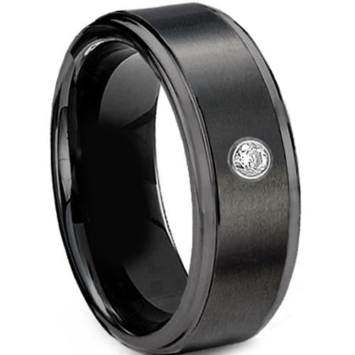 Black Diamond Ring Black Tungsten Carbide Step Ring With 0.04ct Genuine White Diamond
