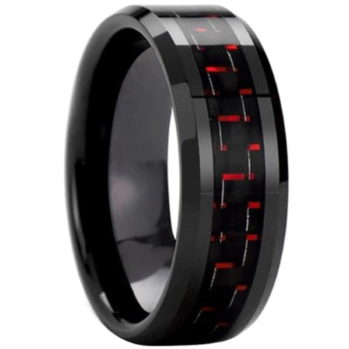 Black Band Ring Tungsten Carbide Step Ring With Black Red Carbon Fiber