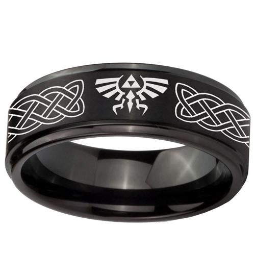 Black Band Ring Tungsten Carbide Step Edges Triforce Legend of Zelda Irish Celtic Ring