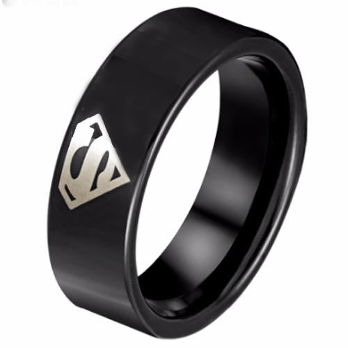 Superman Ring Black Tungsten Carbide Superman Pipe Cut Flat Ring