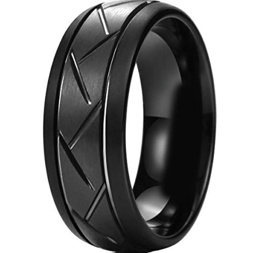 Black Ring Black Tungsten Carbide Tired Tread Double Grooves Dome Ring