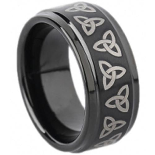 Black Rings For Men Black Tungsten Carbide Trinity Knots Triquetra Step Ring